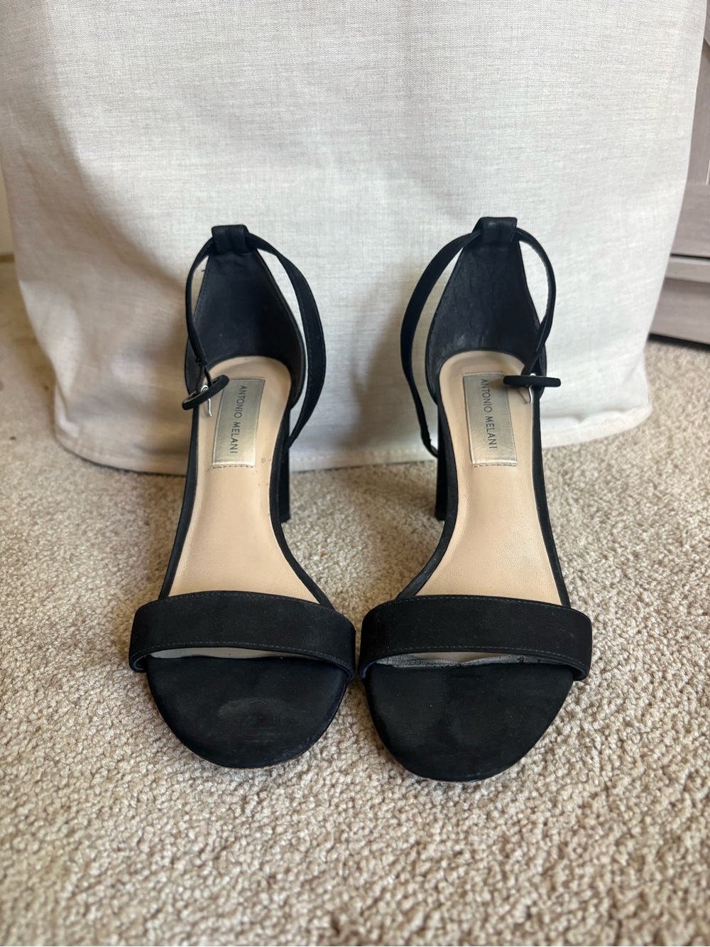ANTONIO MELANI Black Suede Open-Toe Ankle-Strap Heels